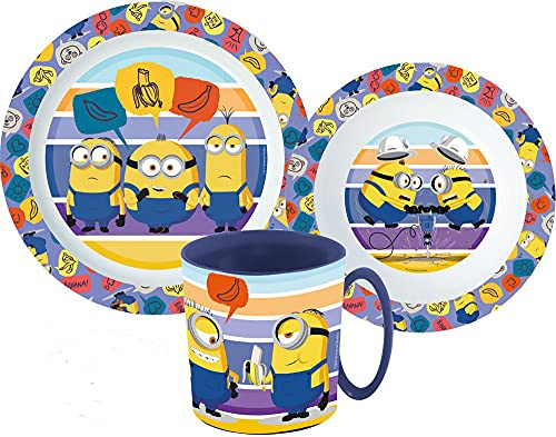 Une Kinder-Geschirr Set mit Teller, Müslischale und Trinkbecher inkl. Besteck (wiederverwendbar) kompatibel zu (Minions)