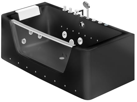Vente-unique - Baignoire balnéo vitrée semi îlot à leds - 170 x 85 x 58 cm - Noir brillant - 1 place - 260 L - DYONA