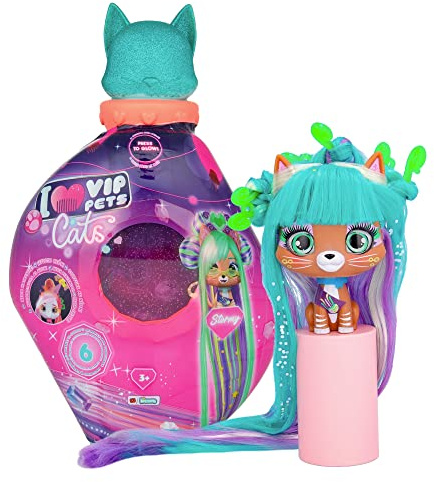 VIP Pets Cats Stormy, Muñeca Gatita Coleccionable Que Brilla en la Oscuridad con Pelo Largo a Peinar y 15 Accesorios - Juguete Regalo para Niñas y Niños +3 Años