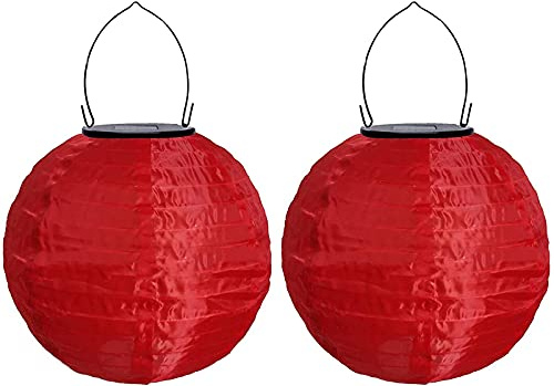 Yeehliny Solar Lampions Außen Wetterfest Solar LED Laterne Wasserdicht Nylon Garten Laterne Solarlaterne für außen Hängend Solarlampiongs Runder Lampenschirm Garten Deko Außendeko (20cm/2PCS/Rot)