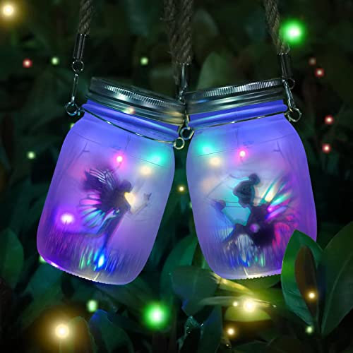 MLOQI Fairy Garden Ornaments Outdoor 2 Pack Solar Fairy Lights Glass Mason Jar LED Hanging Lamp for Fairy Garden Accessories Halloween Decorations Christmas Xmas Gifts for Kid Adult(Multicolor
