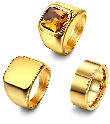 Dochais Schmuck 3PCS Ring Herren aus Edelstahl,Schlicht Ring Gold Schwarz Ring Herren,Zirkon Ring Herren Elegant Runden Siegelringe (Gold, 62)
