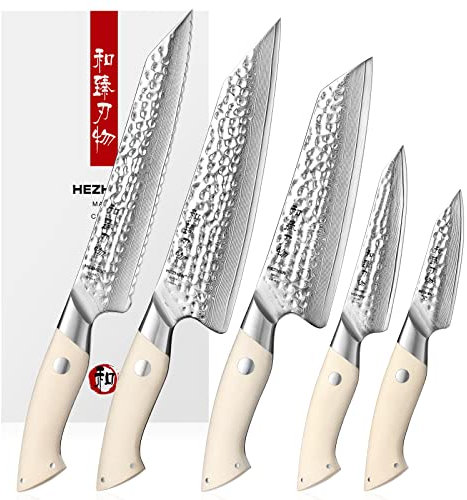 HEZHEN Damaszener Stahl Messerset 5PCS, 67 Lagen Damast Küchenmesser Universalmesser Santoku Messer Brot, G10 Griff Kochwerkzeuge