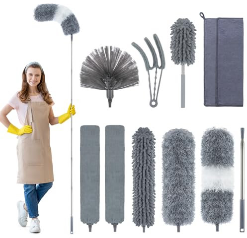 bemece 11pcs Feather Duster Set, Microfibre Duster for Cleaning Extendable 30-100 Inch, Detachable Bendable Washable Long Handled Duster for Exposed Ceiling of Cobwebs Furniture Gap Blinds, Grey