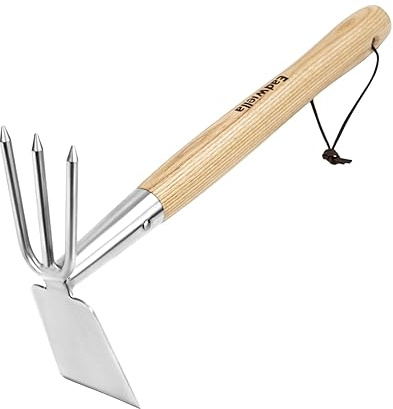 Hoe and Cultivator Garden Rake Hand Tiller Tool Wood Handle Double Sided Cultivator Versatile Tool for Digging,Loosening Soil,Weeding,Breaking Up Soil,Cultivating,Preparing Seedbeds Combination Garden