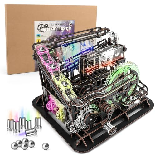 OWNONE 1 3D Wooden Puzzle Marble Run with LED Lights, Wooden Model Building Kits for Adults, Wood Mechanical Puzzle Building Set, Office Desk Decor Gift for Men Adults (312 PCS)