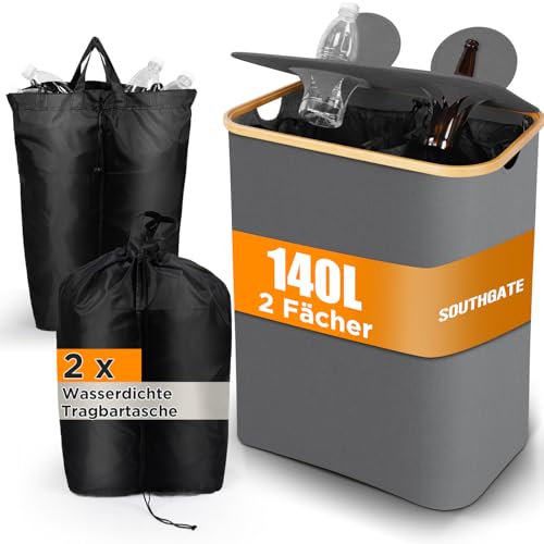 SOUTHGATE Contenitore per Bottiglie con Coperchio, 140L Pattumiera Differenziata con 2 Borsa XXL, Raccoglitore di Bottiglie con Foro per Cucina, Ripostiglio per Bottiglie, Grigio