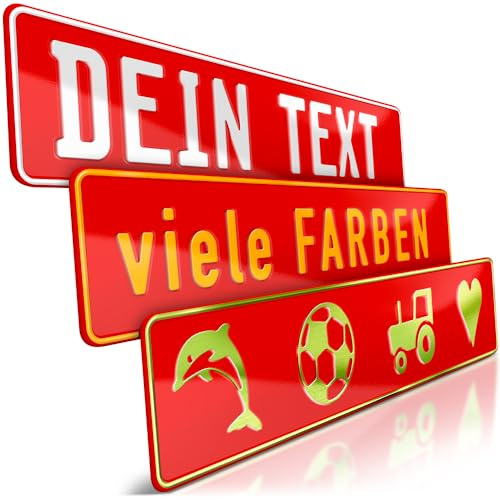 1 Fun-Schild geprägt | Rot mit Wunschtext bis zu 16 Zeichen | Namensschild | Individuelles Fun-Kennzeichen aus Aluminium | Auto-Kennzeichen | Optional Löcher & Saugnäpfe