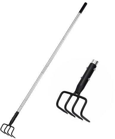 BARAYSTUS Garden Claw Rake and Cultivator, 4-Tine Hand Cultivator Tool with Adjustable Long Handle for Soil Aeration, Digging and Weeding