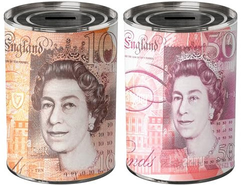 GULLAIIR 2Pcs MONEY TIN BOX Sterling Bank Note -TIN Piggy Bank, Coin Tin, Cash Tin, Savings Tin, Money Can, Birthday Money, Holiday & Christmas Fund (2 Pcs MEDIUM 10&50)