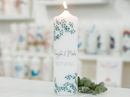 meinkerzenshop Hochzeitskerze mit Designdruck EFEU personalisiert mit Namen und Datum, individuell