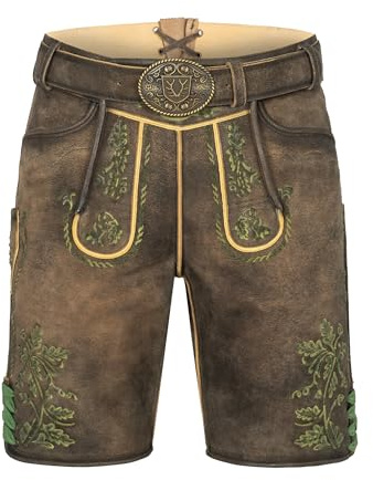 Krüger Herren Trachten Lederhose kurz, Modell: Larry mit Gürtel, Knielang, braun und grau, Art.-Nr. 961567-0-0705, 46,