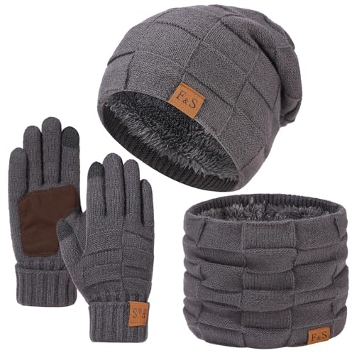 Yoolhamy Conjunto de gorro, bufanda y guantes para hombre y mujer, gorro térmico de invierno con forro de felpa para nieve, bufanda para el cuello y guantes de pantalla táctil para hombres, damas y