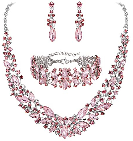 Clearine Wedding Bridal Crystal Marquise Cluster Collar Necklace Earrings Bracelet Prom Jewellery Set for Women Pink Silver-Tone