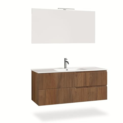 AQA DESIGN mobile bagno composizione 4 pezzi, mobile bagno con lavabo, base sospesa con frontali in MDF cannettato, set mobili bagno nr2 cassetti - Rovere - 121x46,5x190 cm