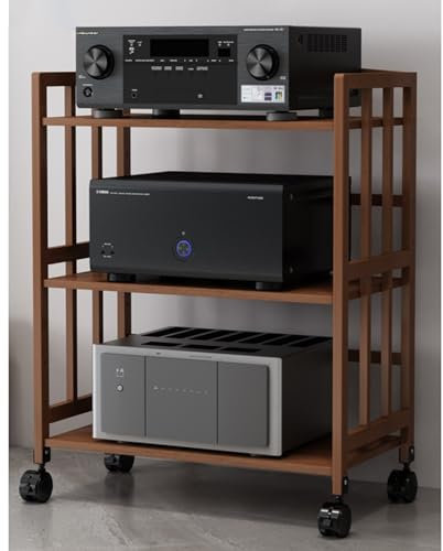 Audio-Rack aus braunem Holz mit 2, 3, 4 und 5 Ebenen, rollbarer AV-Medienhalter für den Boden für DVD-Player, Spielekonsole, TV-Box, WLAN-Router, Plattenspielerständer mit verstellbarer Ablage (Farb