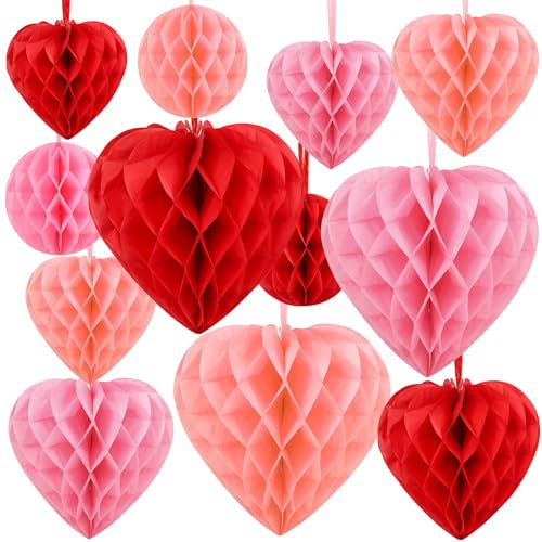 BOARDFEB 12PCS Valentine's Day Decorations, Engagement Party Decor, Heart Honeycomb Balls Hanging Decorations Pink, Light Pink and Red, Premium Reusable Romantic Proposal Wedding Party Decoration