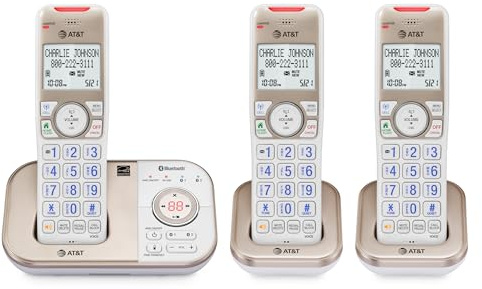 AT&T BL3112-3 3-Handset DECT 6.0 Cordless Phone for Home with Bluetooth Connect to Cell, Smart Call Blocker, Answering Machine, Caller ID, Expandable up to 5 Handsets, Champagne Gold/White