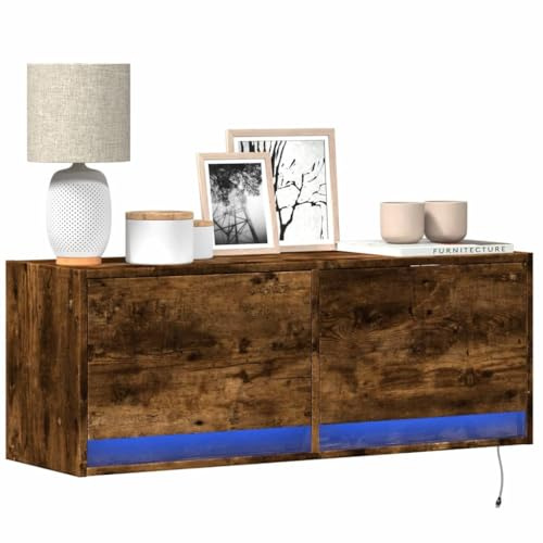 ShGaxin 852366 Meuble TV mural avec lumières LED en chêne fumé 100 x 31 x 35 cm, table TV, meuble TV, meubles de salon, table de salon TV
