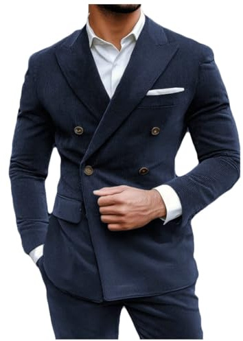 Stillluxury, blazer da uomo in corduroy, doppio petto, con visiera a bavero, slim fit, formale, sportivo, Blu marino scuro, XL
