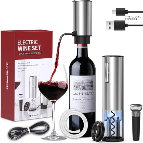 Oaklete Electric Wine Opener Set, 4-in-1 Wine Set with Rechargeable Wine Opener, Rechargeable Wine Aerator Pourer, Foil Cutter and Vacuum Wine Stopper, Gift Set for Wine Lovers（Silver）