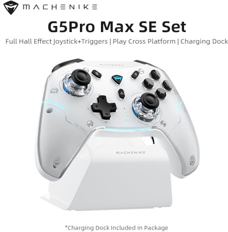 Machenike G5PROMAXSE Controller Bluetooth con Base di Ricarica, Joystick Effetto Hall, Controller Wireless per Switch/Mac/PC/iOS/Android, 2.4G/BT/USB, 1000Hz/1000mAh, Vibrazione, Bianco