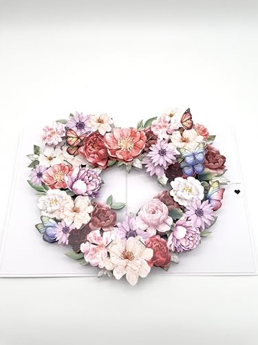3D Pop-Up Grußkarte mit Blumenherz, Schmetterlinge und Blüten, Romantisches Blumendesign