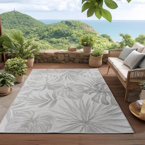 HomebyHome Outdoor Teppich Grau 160x230 cm, Wetterfest & UV-beständig, ideal für Küche, Balkon, Terrasse, Garten auch Wohnzimmer und Esszimmer, Palmblätter-Design, Leicht zu Reinigen