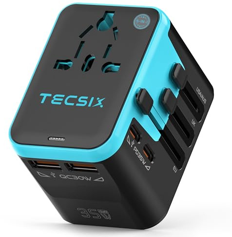 TECSIX Reiseadapter Weltweit, Universal Reisestecker PD 35W mit 2 USB C, 2 USB A und 1 AC Steckdose, Internationaler Steckdosenadapter für USA UK Japan China, Traval Adapter