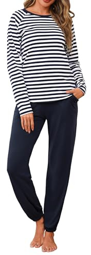 Uniexcosm Pigiama da Donna Girocollo in Cotone Taglie Forti Pigiama in Due Pezzi a Maniche Lunghe Stampato Pigiama Lungo con Tasche Blu Scuro L