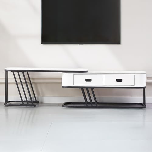 SHARPDO Mueble de TV y Aparador Bajo 180/140 cm, Diseño Moderno con Almacenamiento, Metal Negro y Acabado Efecto Mármol, Minimalista para Salón, Blanco