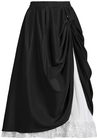 YESSA Women's Renaissance Flowy Fairy Skirt,Lace Layered Ren Faire Maxi Skirts,High Waist Cottagecore Medieval Pirate Skirt with Pocket,Black,XX Large