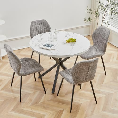 BenyLed Juego de Mesa y Sillas de Comedor, Mesa de Comedor Redonda de 100cm y 4 Sillas de Cocina de Estilo Nórdico, para Cocina, Sala, Comedor, Oficina (Blanco/Negro+ST-Gris)