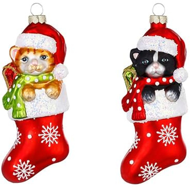 Christbaumschmuck Glas 14,2cm - Katze im Strumpf Figur zum Aufhängen - 1 Stück Sortiert - handbemalt - Weihnachtsbaum Anhänger für Weihnachten - Christbaumanhänger & Weihnachtsbaumschmuck - Tiere Rot