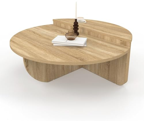 IDMarket - Lot de 2 Tables Basses gigognes GUILIA Rondes Bois Clair | 90 cm, tables asymétriques, bois façon hêtre
