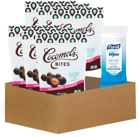 Salted Caramel – 6x Caramels Sea Salt Bites – 3.5OZ Bundle with Fresh Scent Hand Sanitizing Wipes – Organic Dark Chocolate, Coconut Milk & Sea Salt Caramels with Cleaning Wipes – Gift Set (7 Items)
