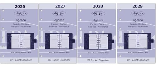 Kalpa Pocket 6-Rings Agenda Nachfüllungen, 2026-2029, 125x80mm, Mehrsprachig (NL/EN/FR/DE), 200 Seiten, Weißes Papier mit Blauer Druck