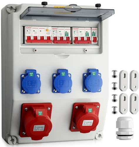 CAMWAY Coffret Électrique de Chantier IP66 avec 3 Prises Schuko+1 CEE 16A/32A et Disjoncteur FI+LS,Coffret Chantier Répartiteur Mural Etanche,Distributeur de Courant pour Extérieur,Jardin(type-F)
