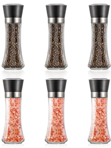 GREENSAPPIRE Gewürzmühle 6er Set – Manuelle Salz- & Pfeffermühle aus Edelstahl mit Keramikmahlwerk, Einstellbarem Mahlgrad & Abdeckung, Transparentes Design für Pfeffer (Kunststoffkappe 200ML)