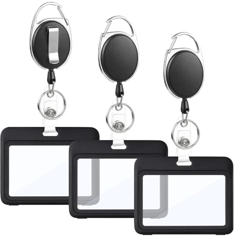 Hapric 3 Pack Badge Holders with Retractable Reels, Black, Horizontal