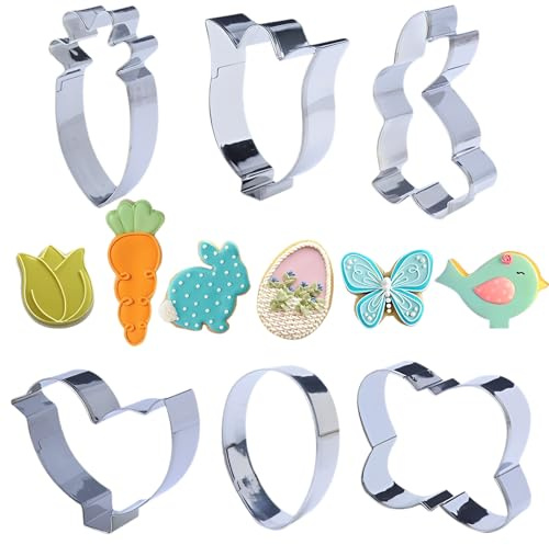 Set de 6 Cortadores de Galletas de Pascua, Cortadores Conejo/Pollo/Mariposa/Huevo/Zanahoria/Flor, Moldes para Galletas de Pascua, Regalo Ideal de Pascua para Amantes de la Repostería
