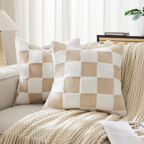 Ohocut beige Karierte Jacquard-Zottel-Kissenbezüge, 2 Stück, flauschig, niedlich, dekorativ, ästhetisch, weich, kariert, für Couch, Sofa, Schlafzimmer, 40 x 40 cm