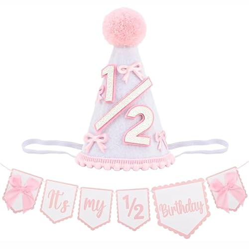 Floruvia 2 Stück 1/2 Geburtstag Deko Set Für Mädchen, Partyhut Mit Schleife Und Hochstuhl Banner, Foto Requisiten Für Cake Smash Baby Party(Rosa)