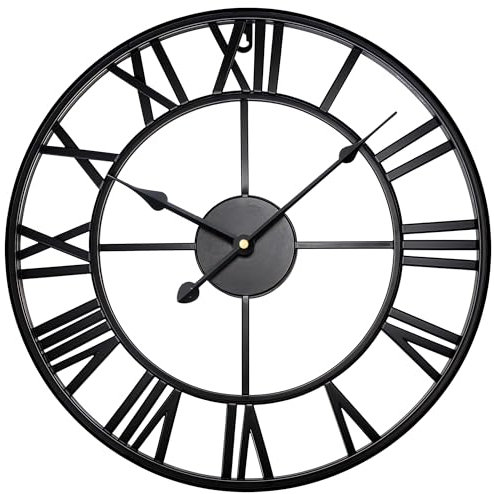 Large Wall Clocks for Living Room ,Metal Wall Clock for Garden, Silent Non-Ticking Roman Numerals Wall Clock for Indoor & Outdoor, Vintage Look Clock for Bedroom, and Kitchen (Black, 60 CM (24))