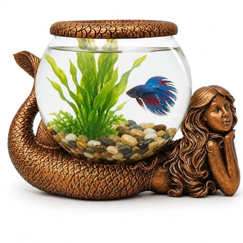 Mystical Mermaid Decorative Fish Bowl – 1 Gallon Glass Aquarium, Terrarium, or Candle Holder | Gold Antiqued Mermaid Figurine with Bowl, Accent Ring & River Rocks – Tabletop Home Décor Gift