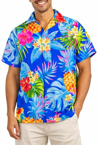 King Kameha Funky Hawaii-skjorta för män, kortärmad, frontficka, Hawaii-tryck, ananas, palmer och blommor, Blå pastell, XL