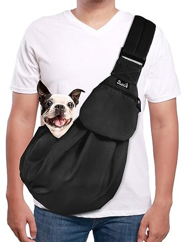 SlowTon Hundetragetasche, Haustier Hundetasche mit verstellbarem, gepolstertem Schultergurt und Fronttasche Tragetasche Hund für Spaziergang Aktivitäten im Freien und Ausflüge(Schwarz)