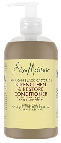 SheaMoisture Balsamo Strengthen & Restore con Olio di Ricino Nero Giamaicano e Burro di Karité - Balsamo per capelli trattati e sfibrati, senza siliconi né solfati - 1 x 384 ml