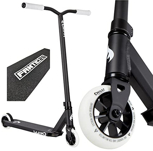 Chilli Pro Scooter Stunt-Scooter H=82cm Trick Tret Roller Schwarz/Weiss + Fantic26 Sticker + Griptape