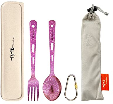 TiTo Titanium Spork Juego de Utensilios de Cocina Camping Ultraligero Portabale al Aire Libre Spork Cuchara con Bolsa Almacenamiento para Hikking Mochilero Utensilio(Rosas)